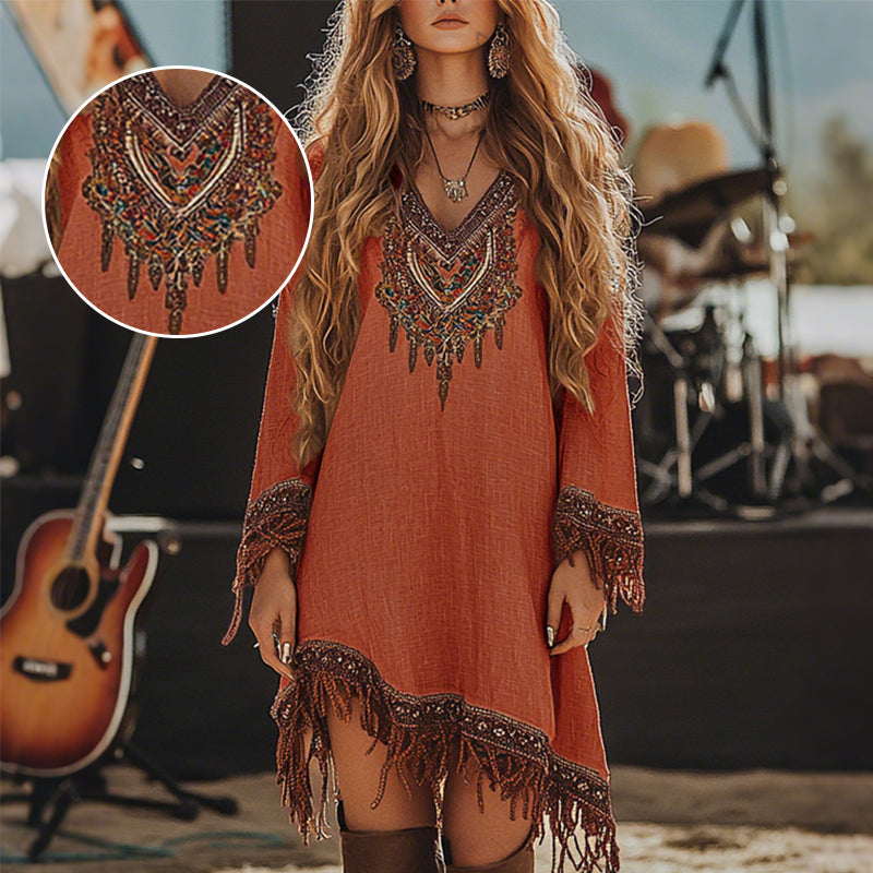 Γυναικείο φόρεμα με κρόσσια και ρετρό τύπωμα-GR