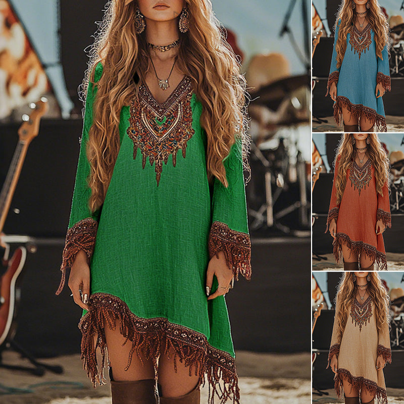 Γυναικείο φόρεμα με κρόσσια και ρετρό τύπωμα-GR