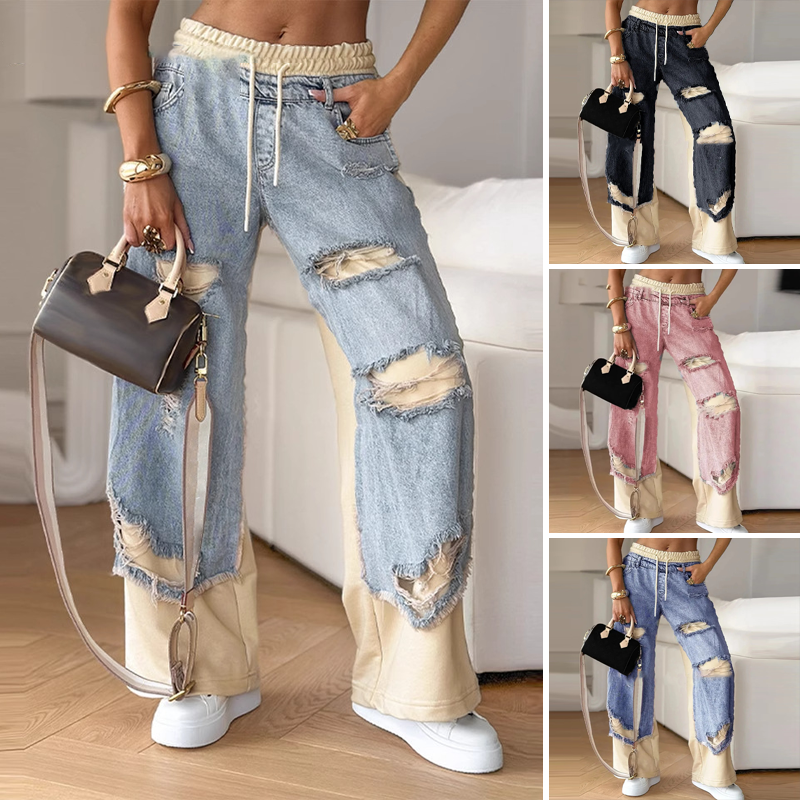 👖Παντελόνι τζιν με φαρδιά μπατζάκια και λάστιχο στη μέση--GR