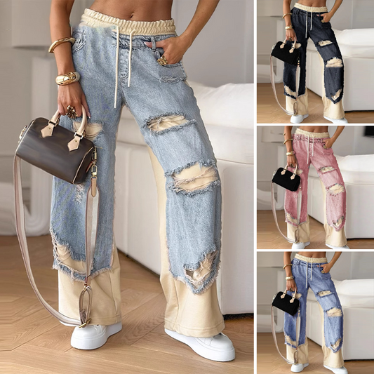 👖Παντελόνι τζιν με φαρδιά μπατζάκια και λάστιχο στη μέση--GR