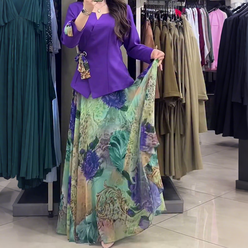 💜Elegantiškas dviejų dalių komplektas – palaidinė ir sijonas su gėlių motyvais