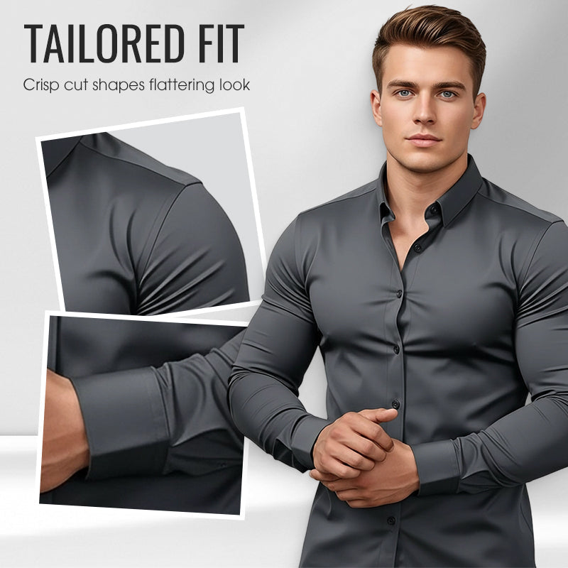 Μονόχρωμο ανδρικό πουκάμισο με μακριά μανίκια - ανθεκτικό στις ζάρες υλικό-GR