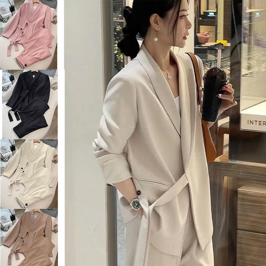 Γυναικείο σετ δύο τεμαχίων - σακάκι με κορδόνι μπροστά και παντελόνι με φαρδιά γραμμή-GR