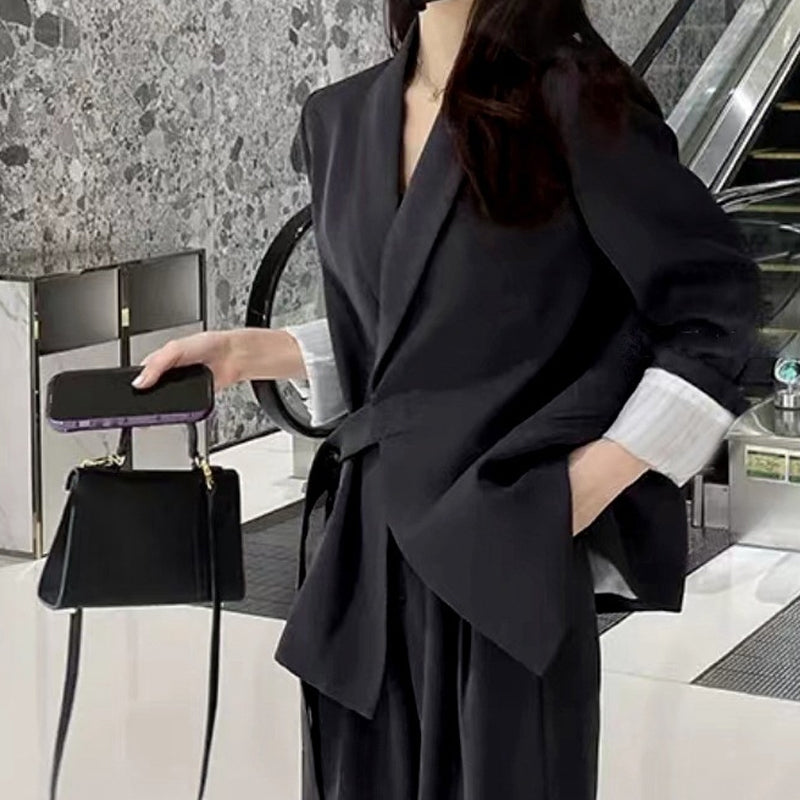 Γυναικείο σετ δύο τεμαχίων - σακάκι με κορδόνι μπροστά και παντελόνι με φαρδιά γραμμή-GR