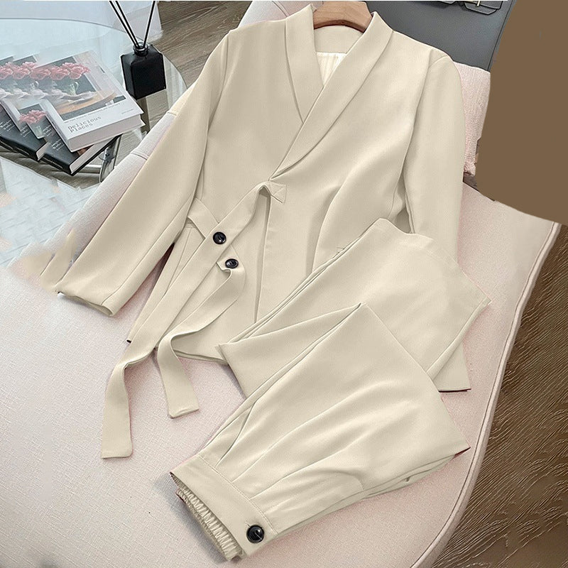 Γυναικείο σετ δύο τεμαχίων - σακάκι με κορδόνι μπροστά και παντελόνι με φαρδιά γραμμή-GR