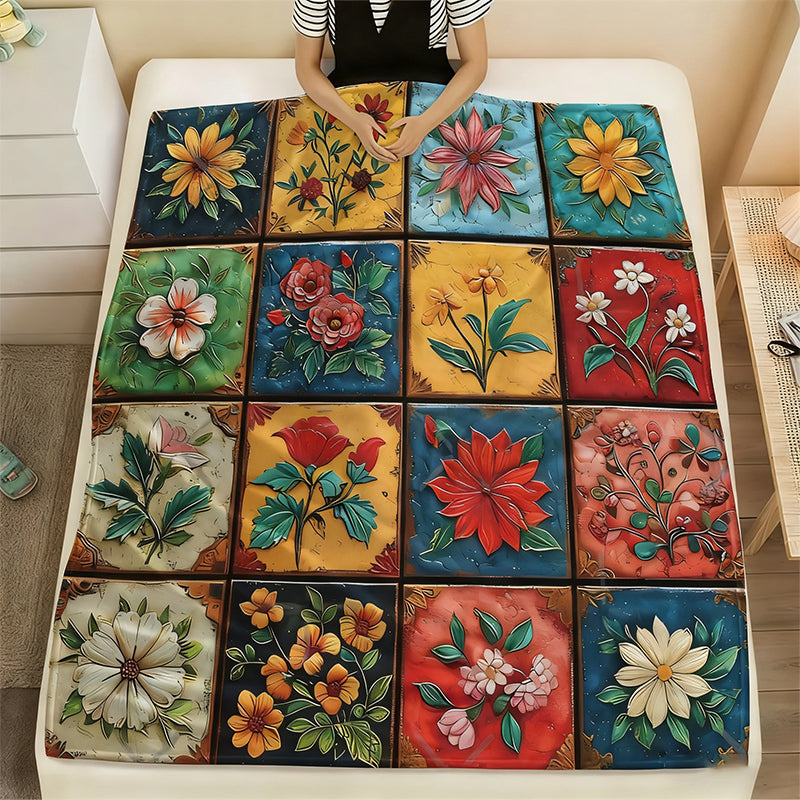 🌼 Άνετη και απαλή φανελένια κουβέρτα με λουλουδάτο μοτίβο 🛋️💐-GR